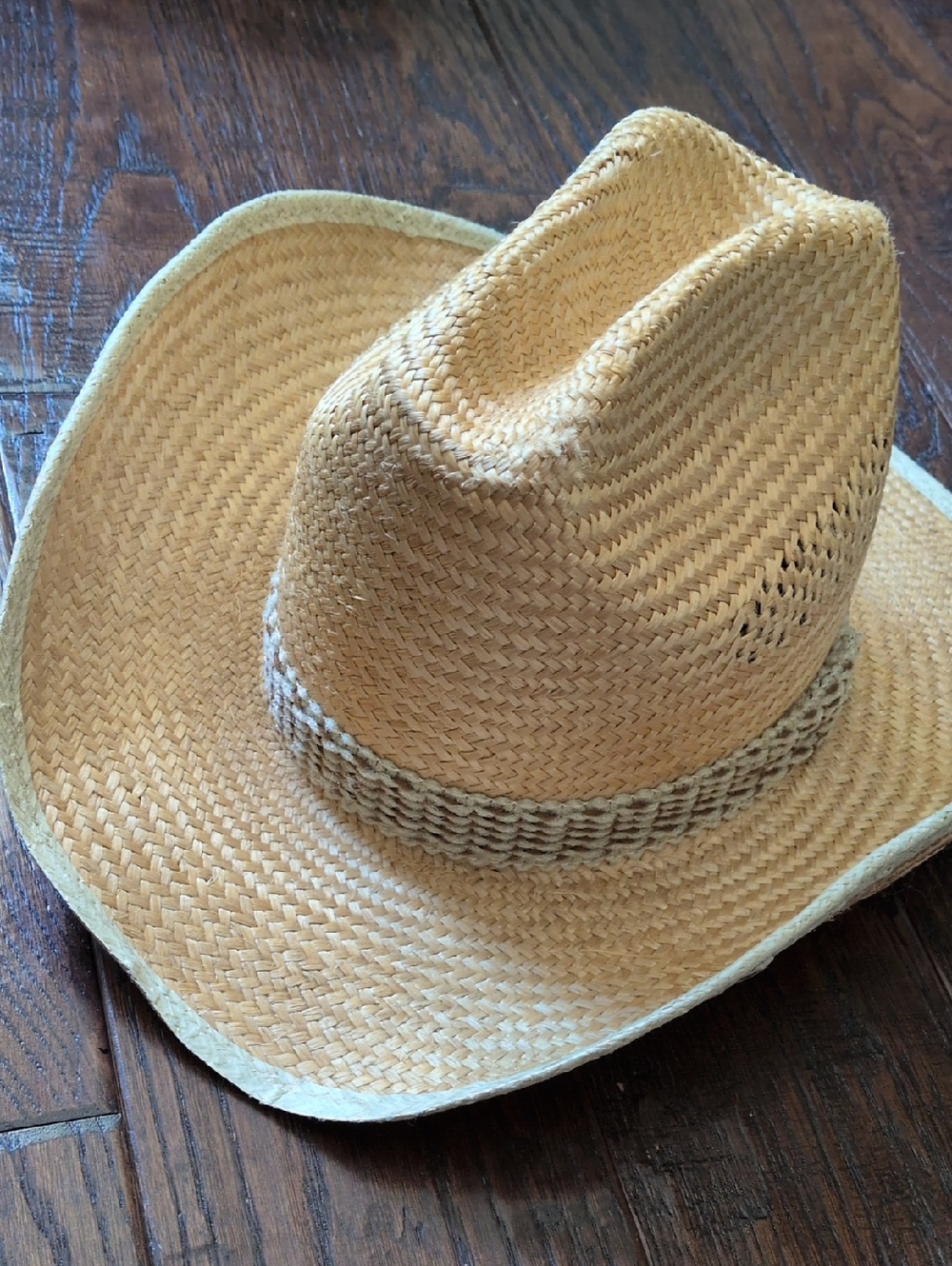MILLER HATSI  Vintage Natural Tan Straw Cowboy Hat with Woven Brown & Cream Band
